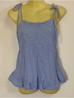 &merci Light Blue Textured Tie-Shoulder Baby Doll Tank Top